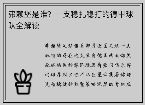 弗赖堡是谁？一支稳扎稳打的德甲球队全解读